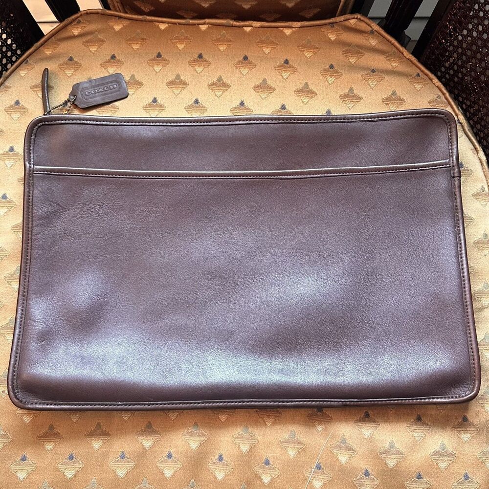 Vintage Coach Brown Mahogany Leather Portfolio 5225 Laptop Zip Hang Tag 90s USA